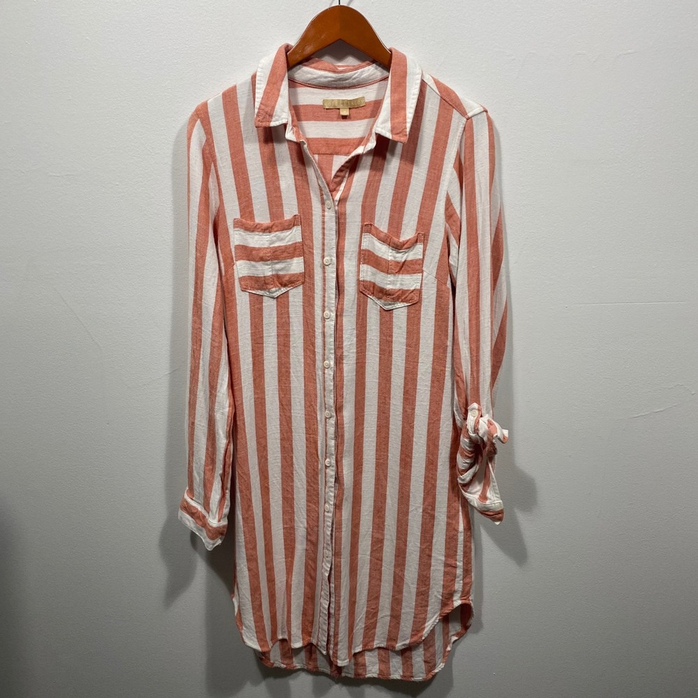 Hope & Harlow Womens 12 Luna Shirt Dress Roll Tab Long Sleeve Coral White Stripe